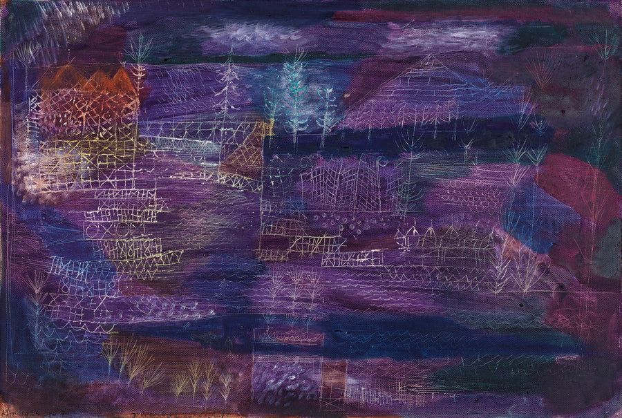 Paul Klee — River Landscape (Flusslandschaft) | Bauhaus Fine Art Print shown to scale on a wall above a sofa