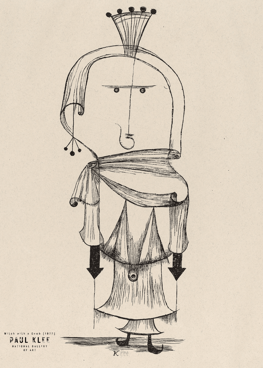 Paul Klee — Witch with Comb | Bauhaus Expressionist Print shown to scale on a wall above a sofa