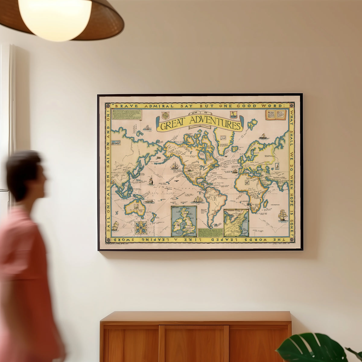 Framed art print of Map of Great Adventures by Paul Mayo Paine, in a slim black frame on a warm wall in a sunlit room