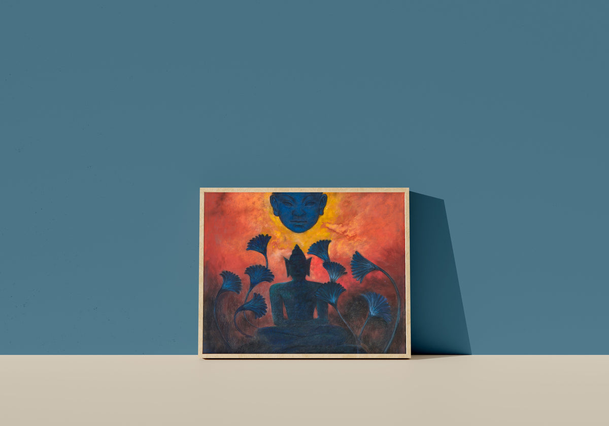 Framed art print of Study for Christ and Buddha by Paul Ranson, in a light wood frame leaning on a blue wall