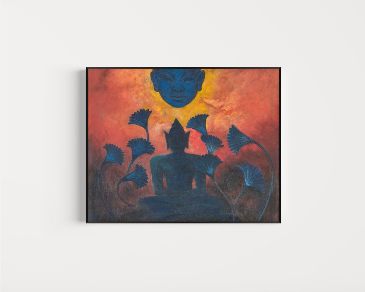 Framed art print of Study for Christ and Buddha by Paul Ranson, in a slim black frame on a plain white wall
