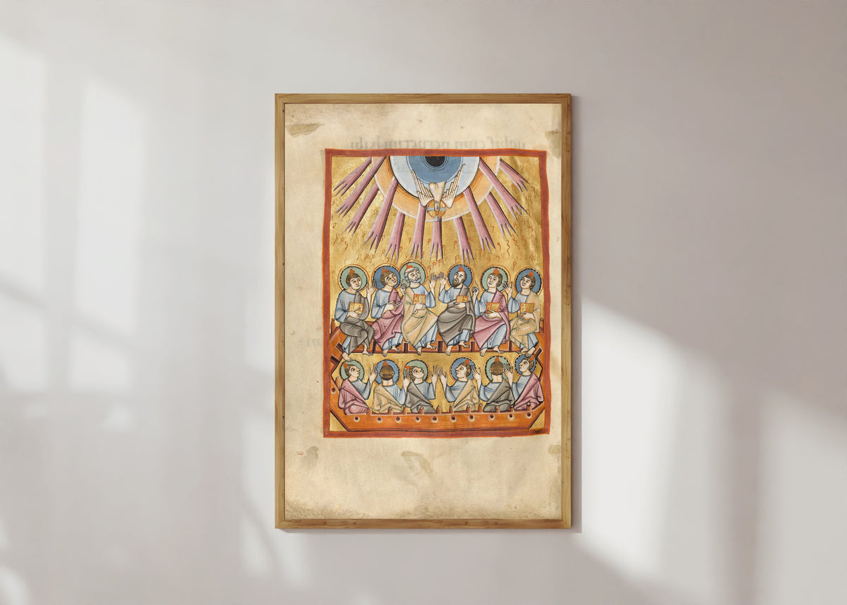 Framed art print of Pentecost (Rays from Heaven), in a light wood frame on a sunlit white wall