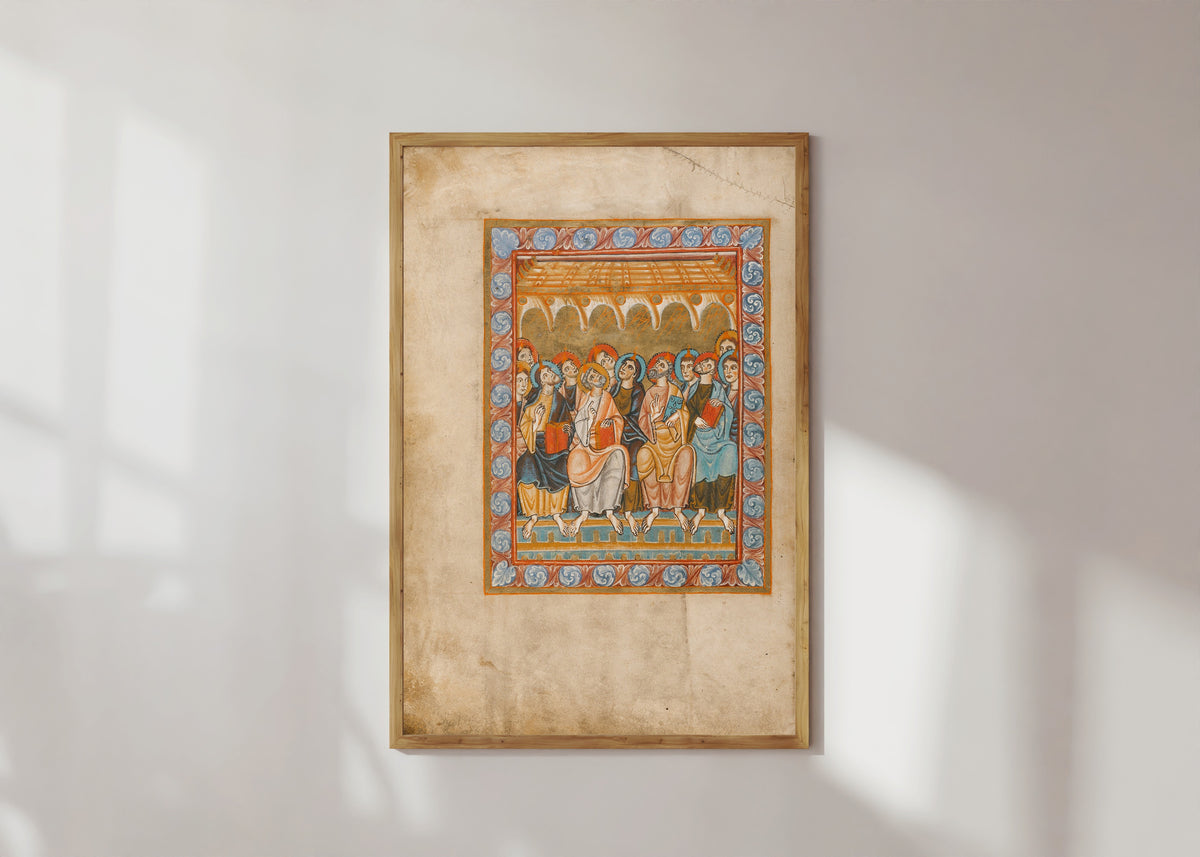 Framed art print of Pentecost (Tongues of Fire), in a light wood frame on a sunlit white wall