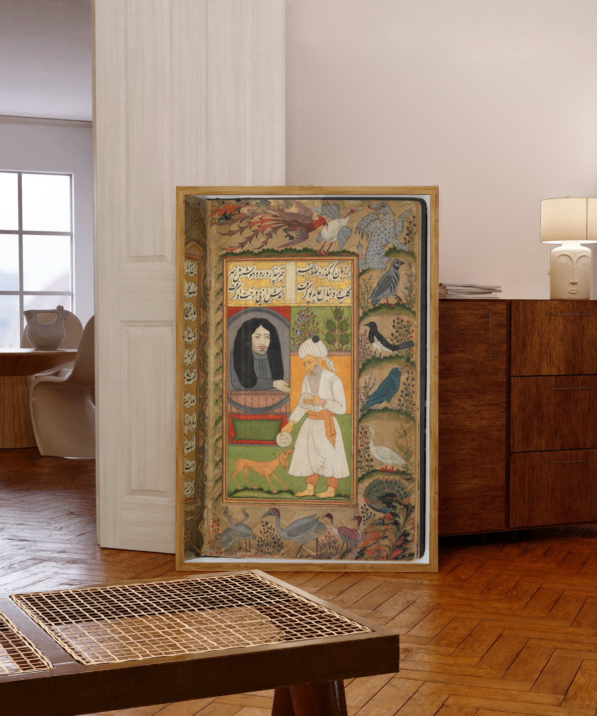 Framed art print of Nan va Halva (Breads and Sweets), in a light wood frame leaning in a warm room with a parquet floor