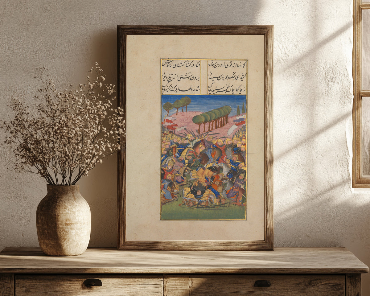 Framed art print of Khusrau and Shirin: A Battle Scene by Suzi, in a dark wood frame leaning on a rustic console beside dried flowers