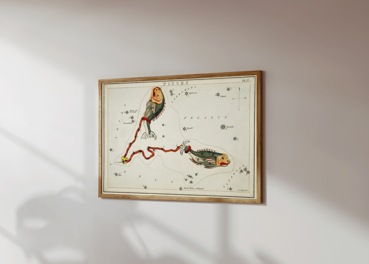Framed art print of Pisces by Sidney Hall, in a light wood frame on a sunlit white wall, seen at a slight angle