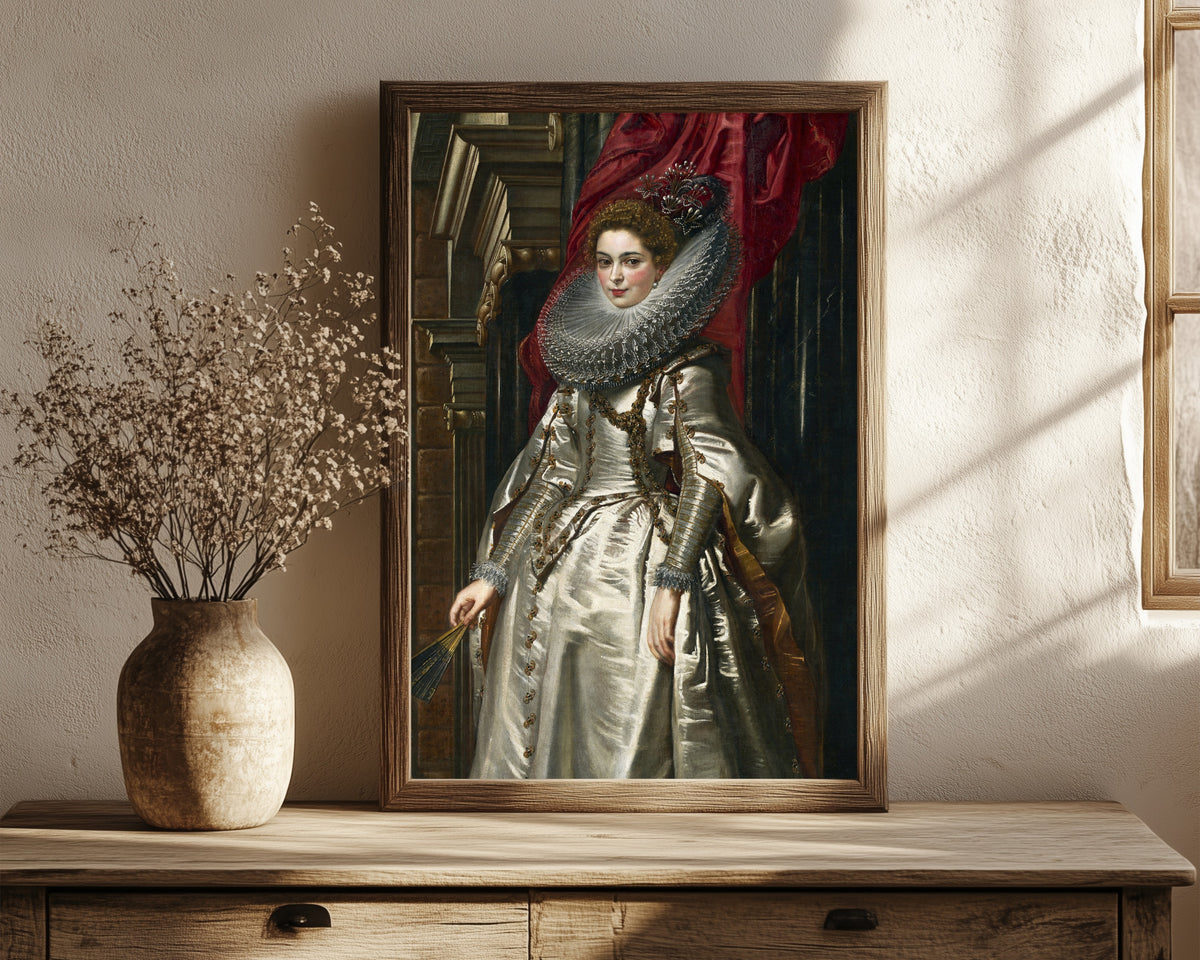 Framed art print of Marchesa Brigida Spinola Doria by Peter Paul Rubens, in a dark wood frame leaning on a rustic console beside dried flowers