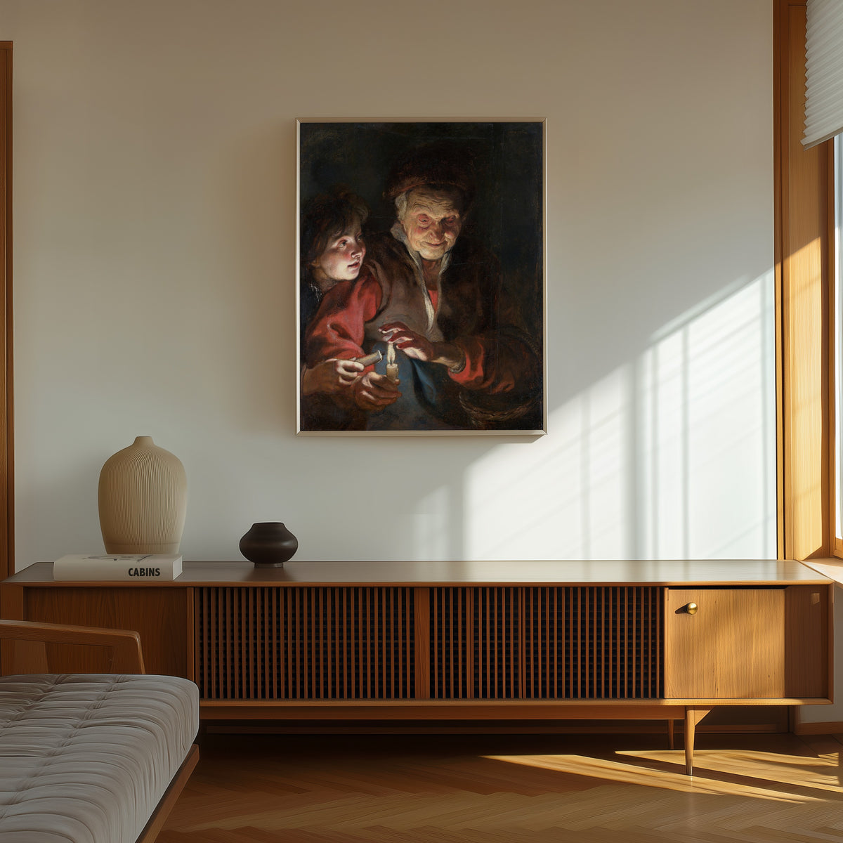 Framed art print of Old Woman and Boy with Candles by Peter Paul Rubens, in a thin light frame on a sunlit wall above a wooden sideboard