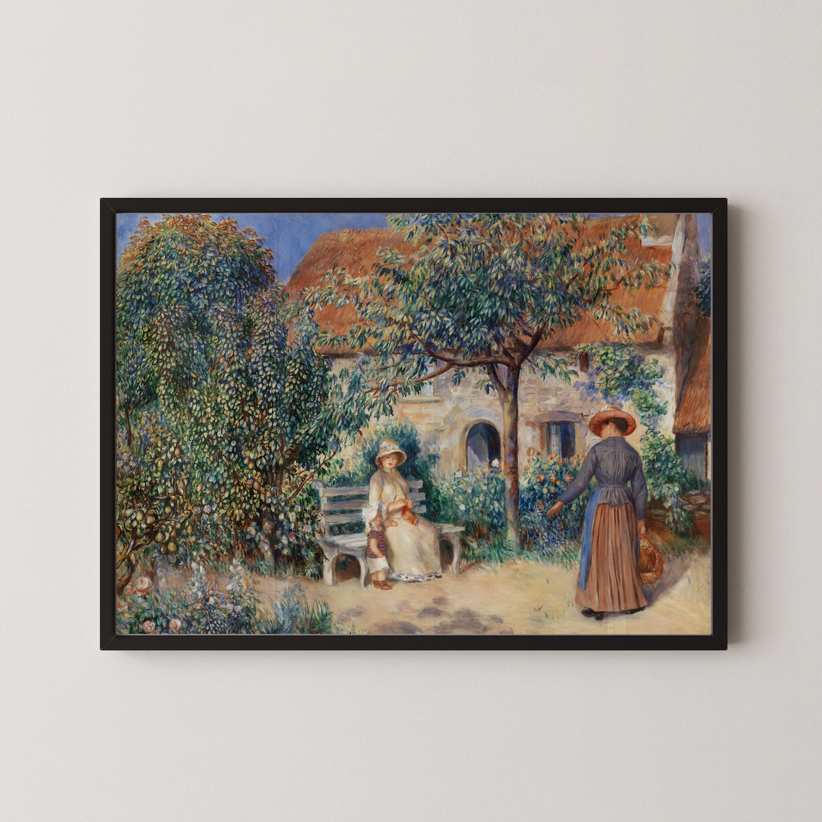 En Bretagne by Pierre-Auguste Renoir — framed and leaning against olive-green panelling on a herringbone floor