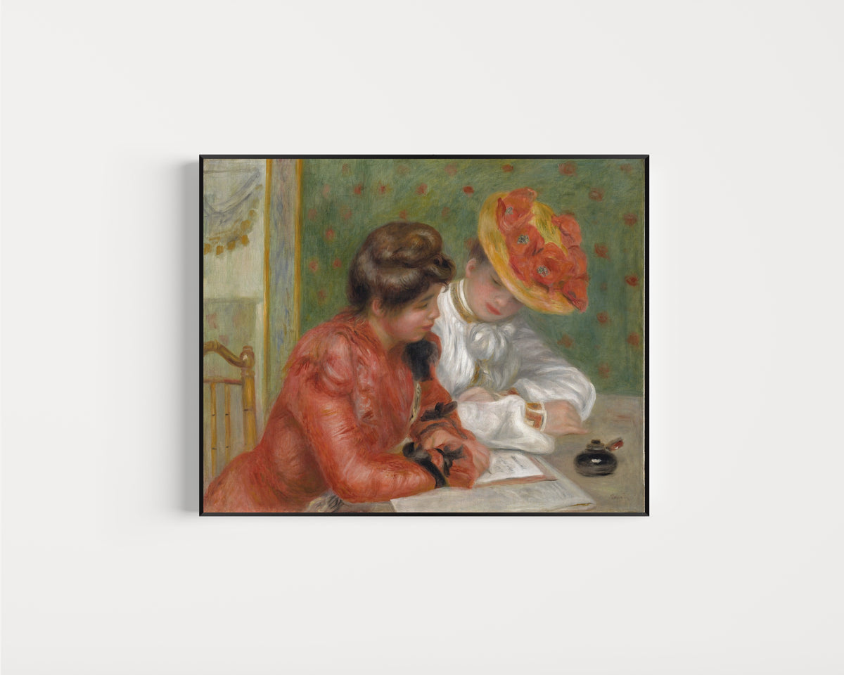 Framed art print of The Letter by Pierre-Auguste Renoir, in a slim black frame on a plain white wall