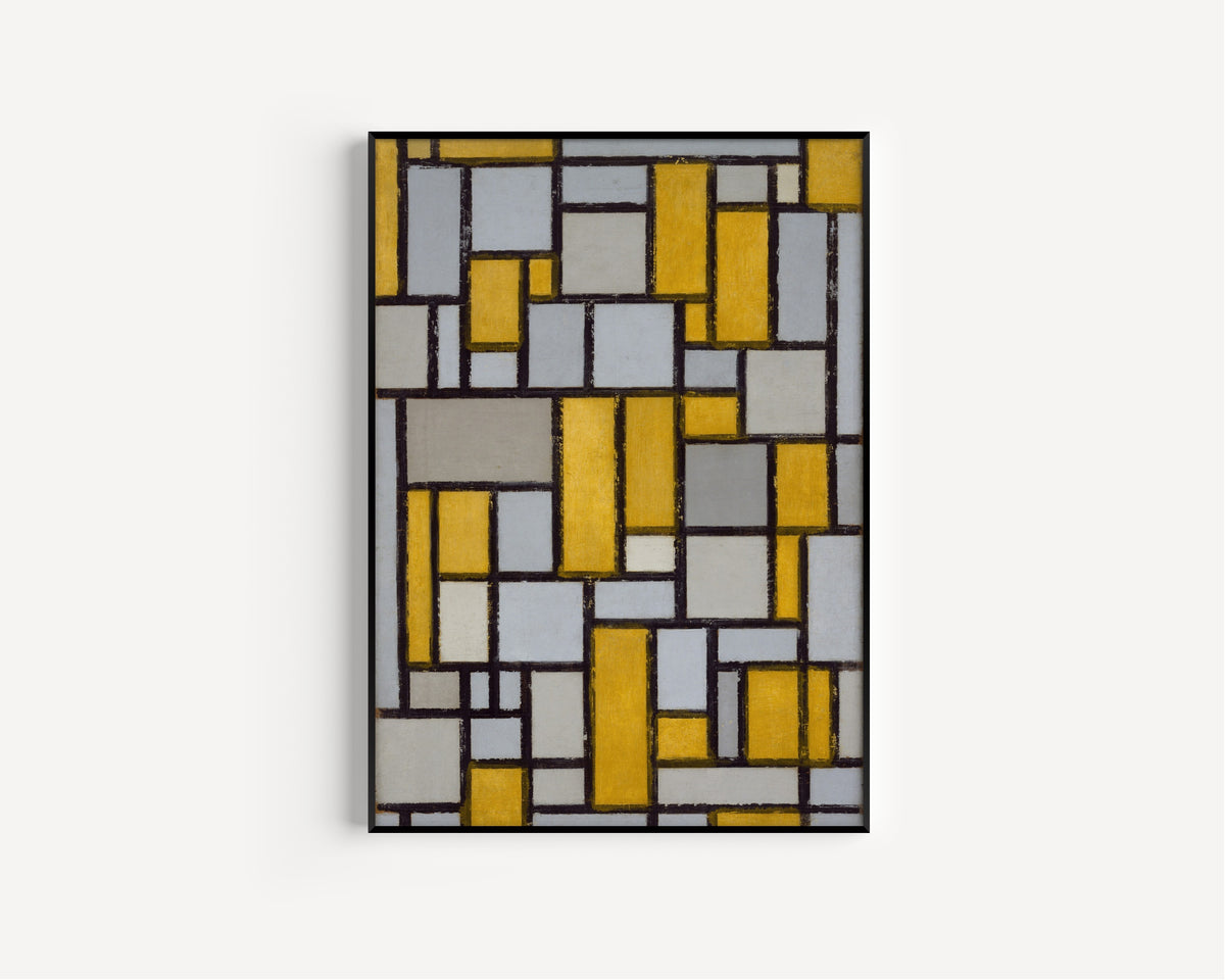Composition with Grid by Piet Mondrian — in a slim black frame on a plain white wall