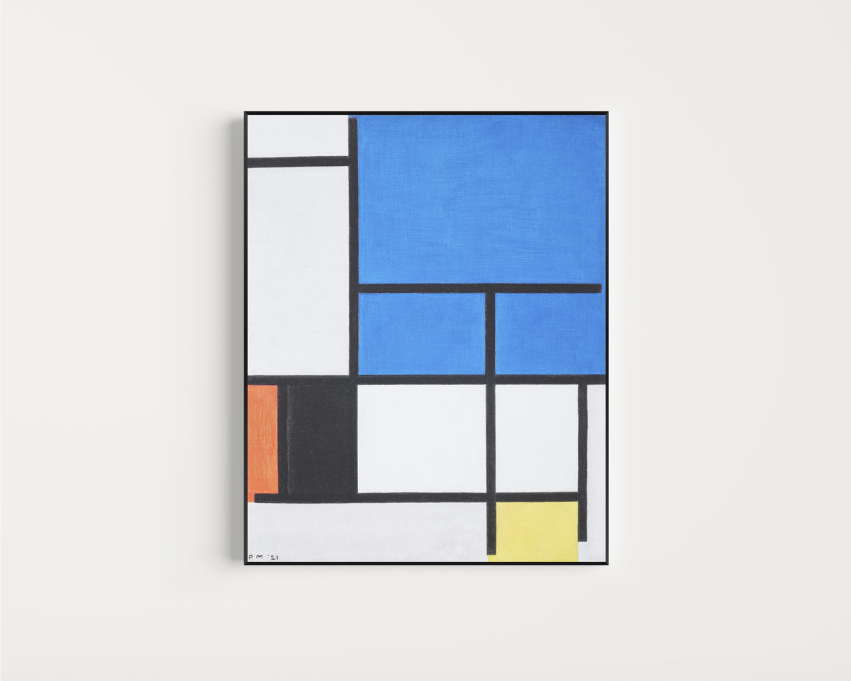 Framed art print of Composition with Large Blue Plane by Piet Mondrian, in a slim black frame on a plain white wall