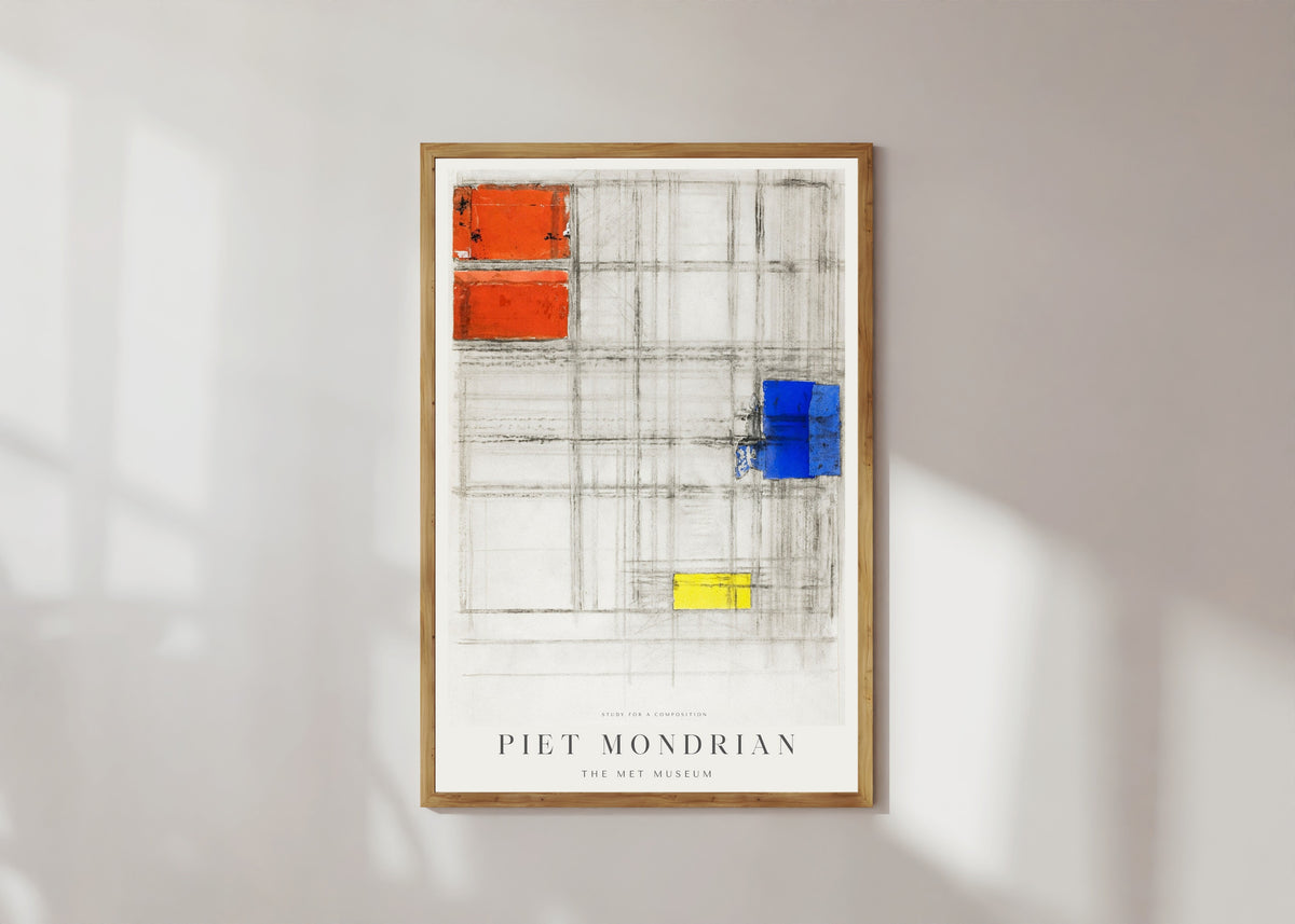 Framed art print of Study for a Composition by Piet Mondrian, in a light wood frame on a sunlit white wall