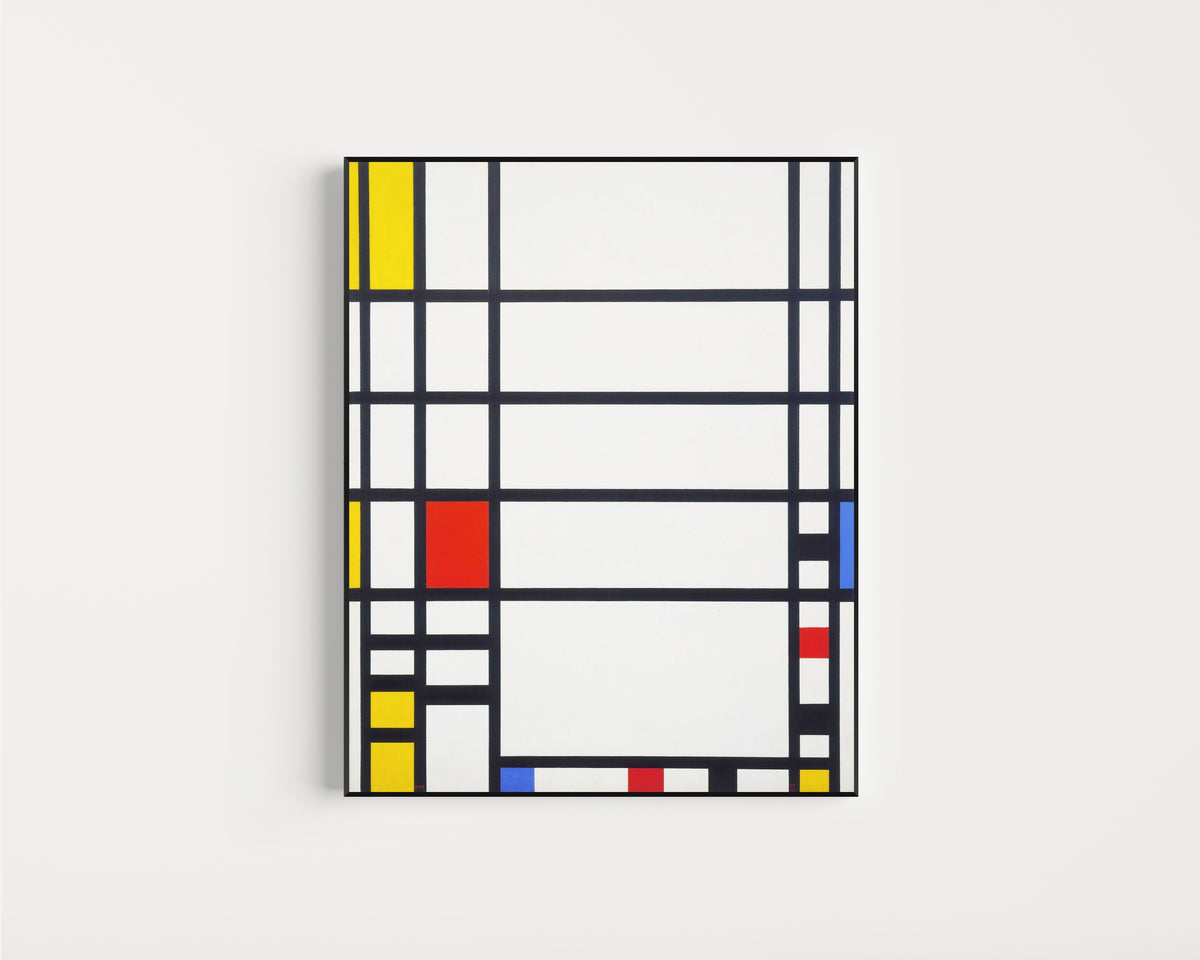Framed art print of Trafalgar Square by Piet Mondrian, in a slim black frame on a plain white wall