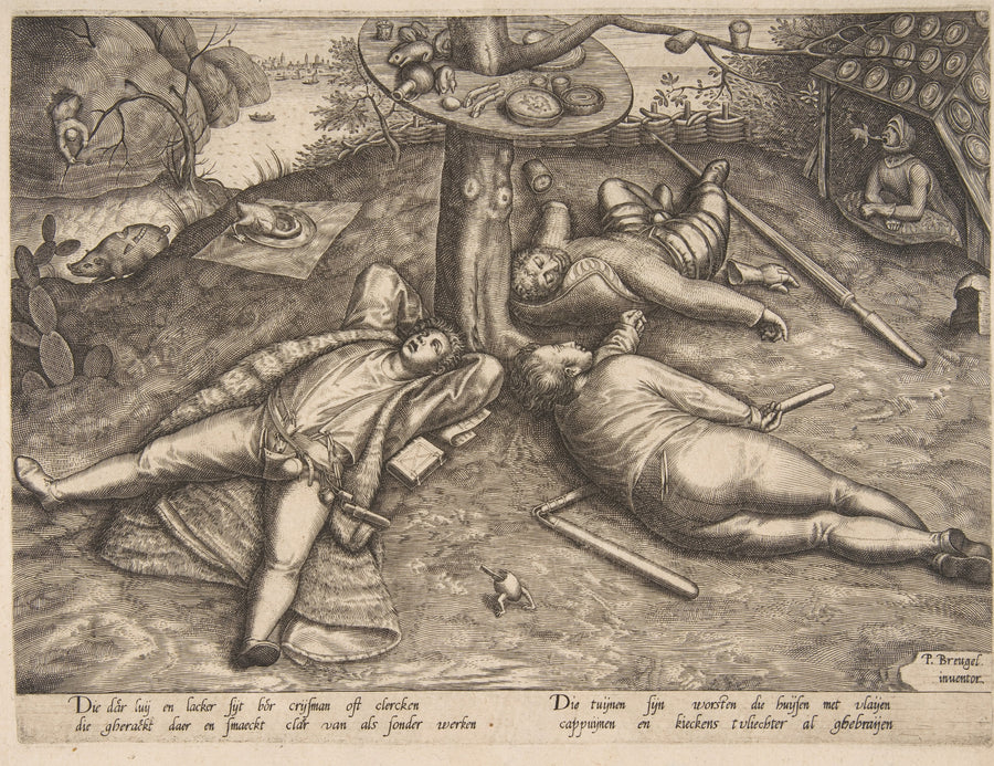 Pieter Bruegel the Elder — The Land of Cockaigne | Engraving Print shown to scale on a wall above a sofa