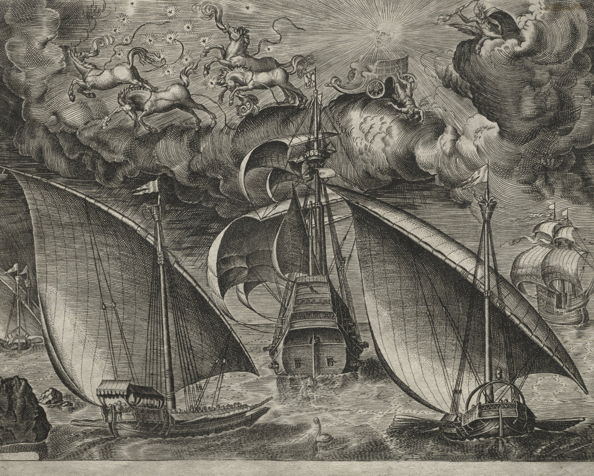 Pieter Bruegel the Elder — Two Galleys Sailing Behind an Armed Three-Master with Phaeton and Jupiter in the Sky | Engraving Print