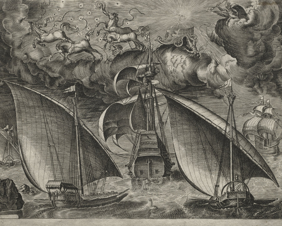 Pieter Bruegel the Elder — Two Galleys Sailing Behind an Armed Three-Master with Phaeton and Jupiter in the Sky | Engraving Print shown to scale on a wall above a sofa