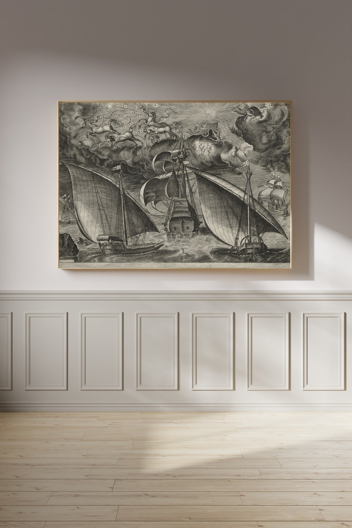 Pieter Bruegel the Elder — Two Galleys Sailing Behind an Armed Three-Master with Phaeton and Jupiter in the Sky | Engraving Print