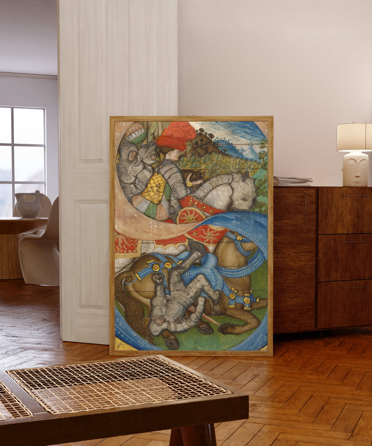 Framed art print of Initial S: The… by Pisanello (attributed) and Master of the Antiphonal Q of San Giorgio Maggiore (attributed), in a light wood frame leaning in a warm room with a parquet floor