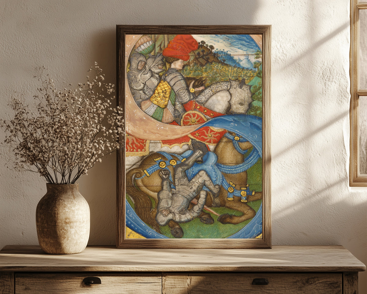 Framed art print of Initial S: The… by Pisanello (attributed) and Master of the Antiphonal Q of San Giorgio Maggiore (attributed), in a dark wood frame leaning on a rustic console beside dried flowers