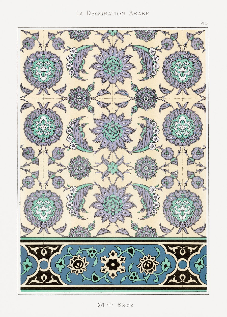 Prisse d'Avennes — Arabian Pattern 19 | Islamic Ornament Print shown to scale on a wall above a sofa