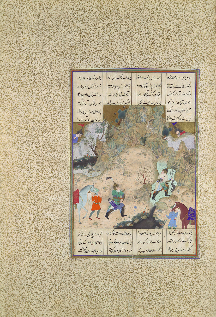 Qasim ibn Ali (attributed) — Shahnama of Shah Tahmasp: The Final Joust of the Rooks (Gudarz Versus Piran) | Persian Miniature Art Print shown to scale on a wall above a sofa