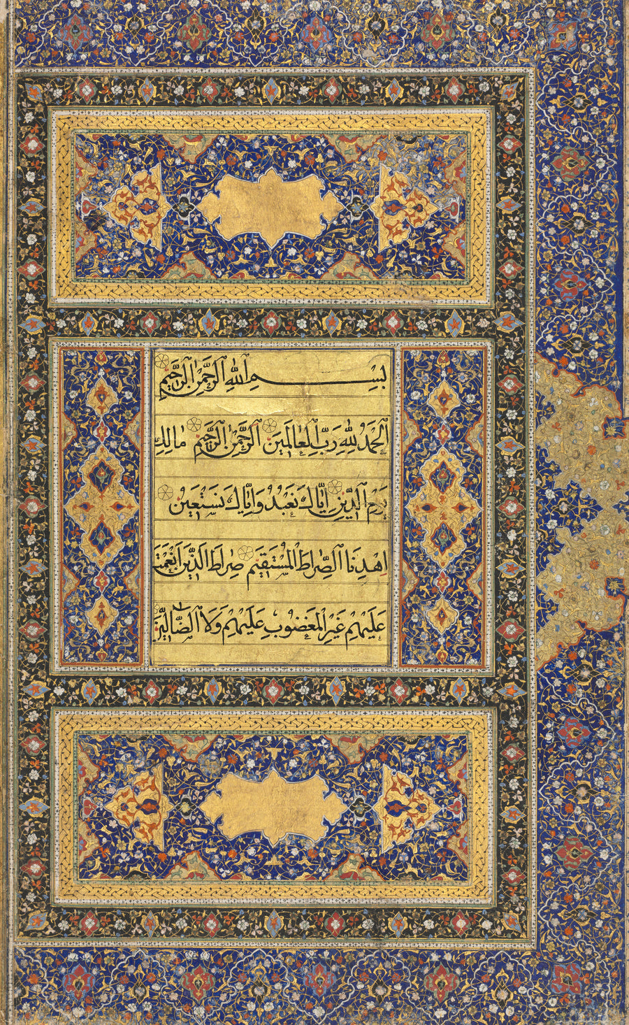 Qur'an Folio: Right Page of an Illuminated Frontispiece | Illuminated Qur'an Page Print shown to scale on a wall above a sofa