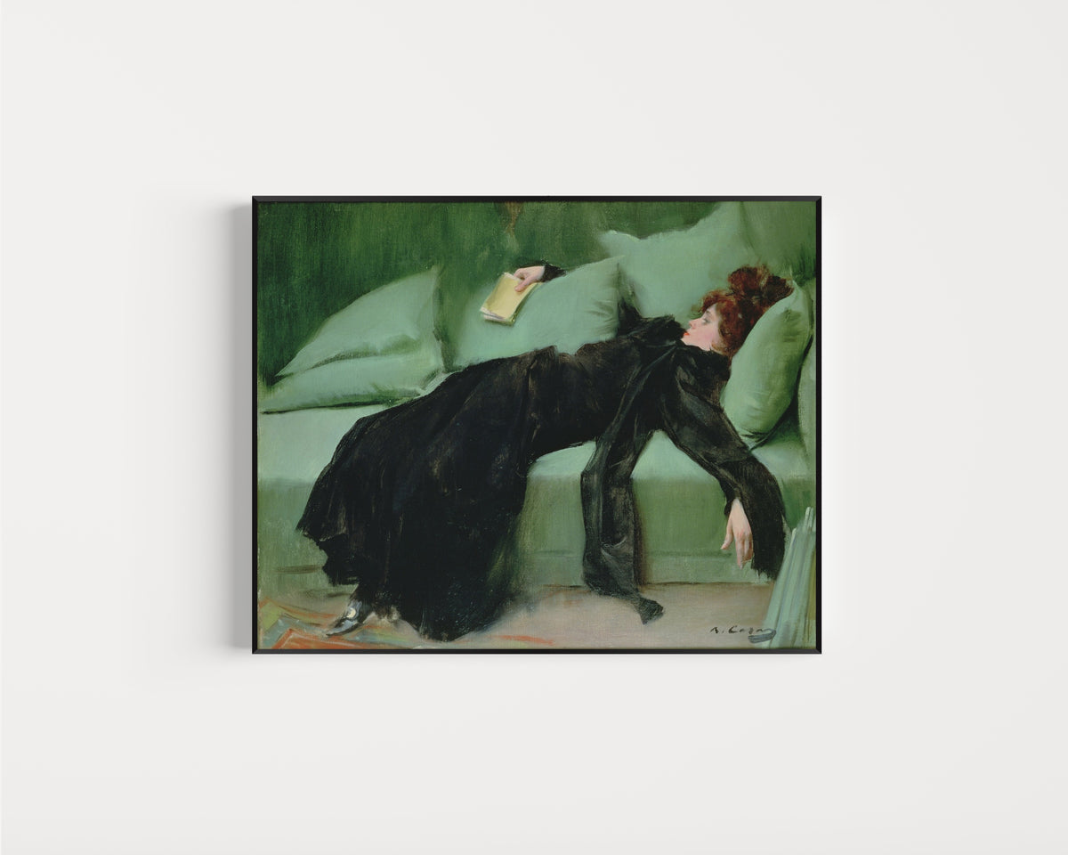 Framed art print of Decadent Young Woman by Ramon Casas, in a slim black frame on a plain white wall