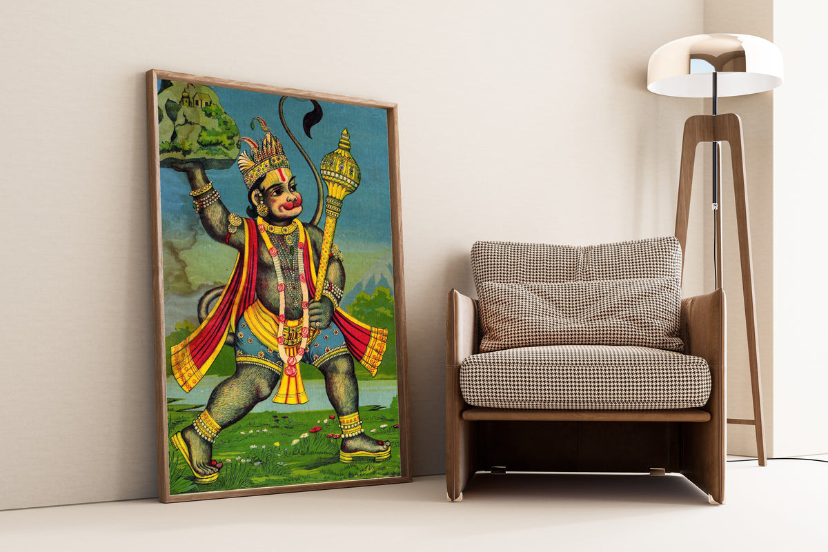 Ravi Varma Press — Mahavira Hanuman (Hanuman Fetches the Herb-Bearing Mountain) | Fine Art Print