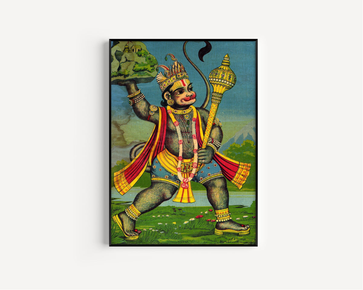 Ravi Varma Press — Mahavira Hanuman (Hanuman Fetches the Herb-Bearing Mountain) | Fine Art Print