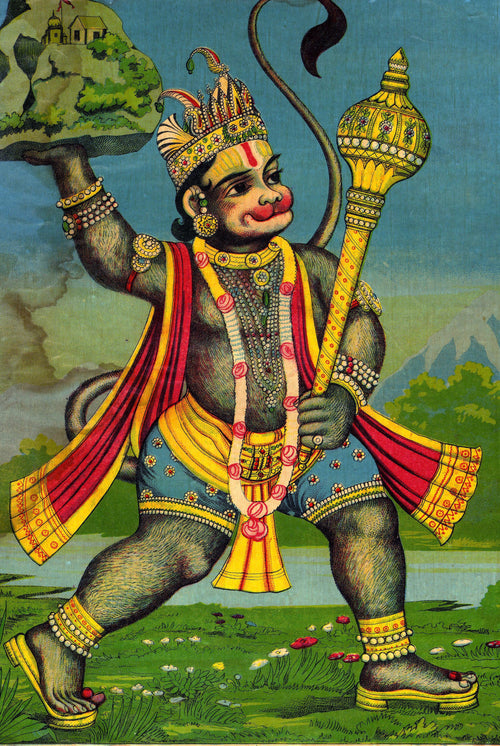 Ravi Varma Press — Mahavira Hanuman (Hanuman Fetches the Herb-Bearing Mountain) | Fine Art Print