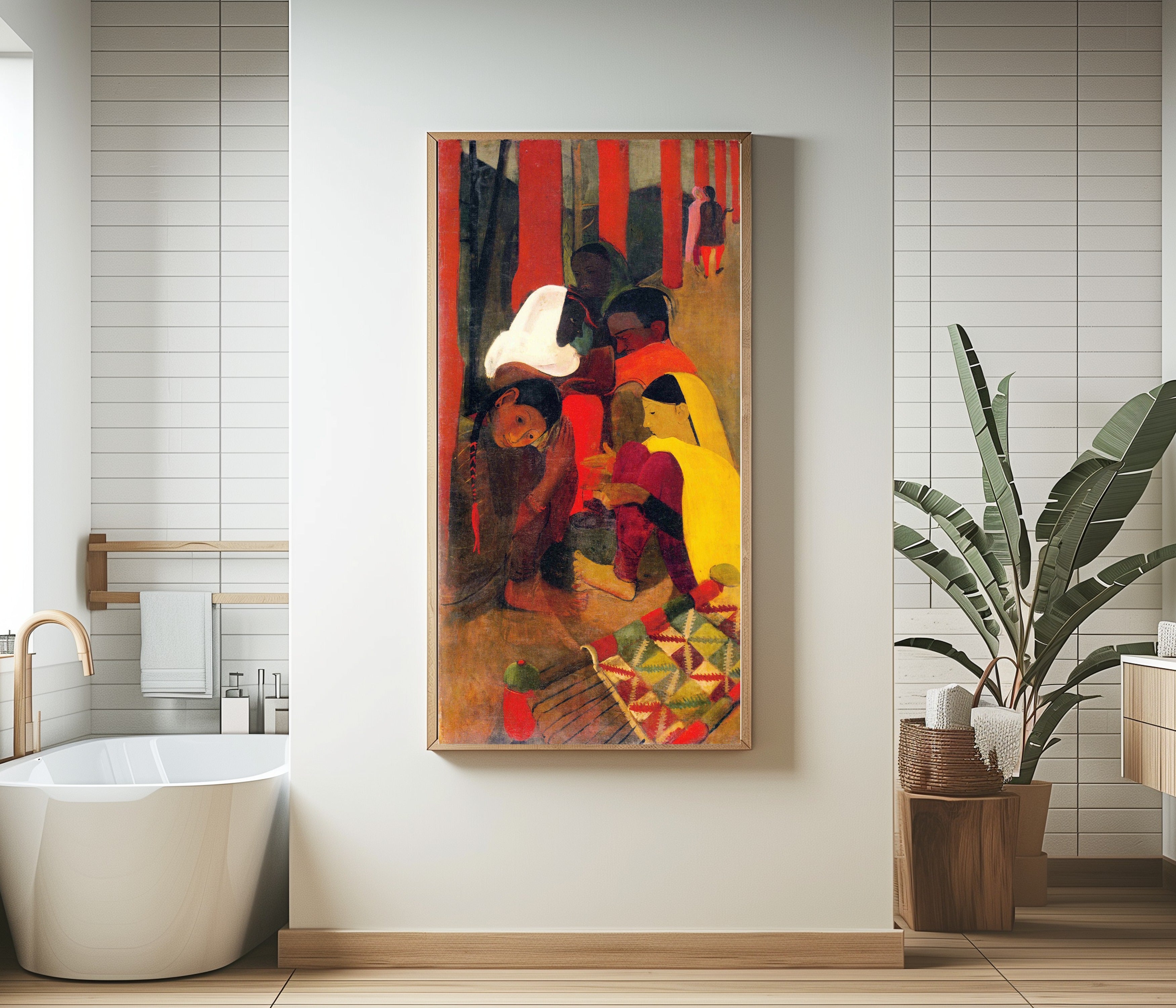 A framed vertical art print depicting a colorful market scene with figures, hanging on a light beige wall in a modern tiled bathroom with a bathtub and potted plant.