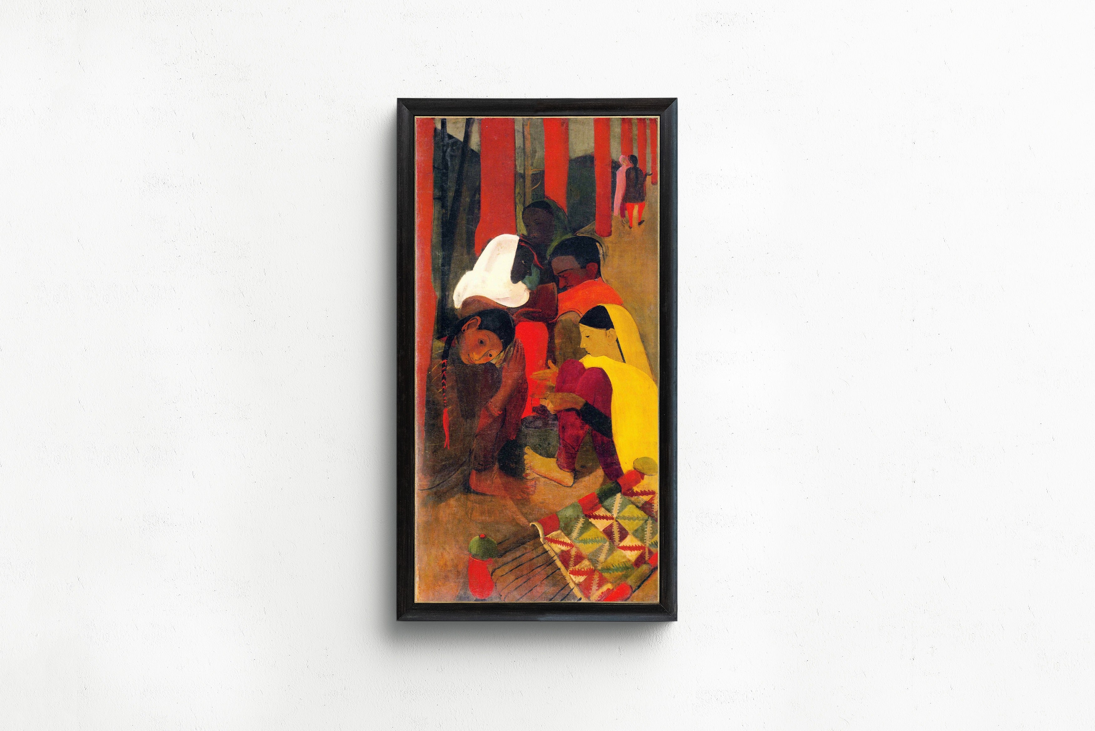 A framed art print featuring an abstract painting of figures in warm red, yellow, brown, and black tones, displayed on a clean white wall with a small note below stating '*note: frame for reference only'.