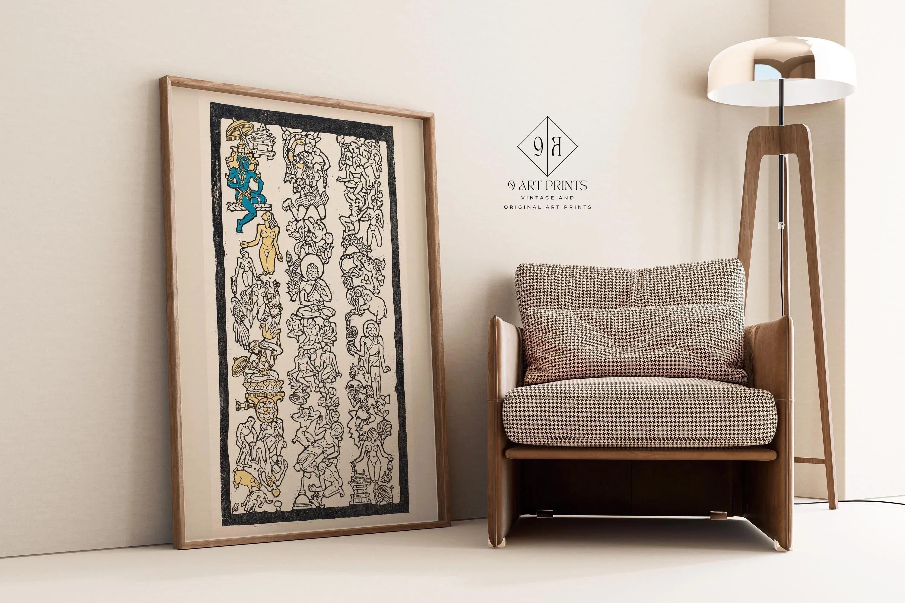 Reijer Stolk Indian Motif Woodcut Print: Symbolist Art, Gold & Blue Accents - 9ArtPrints