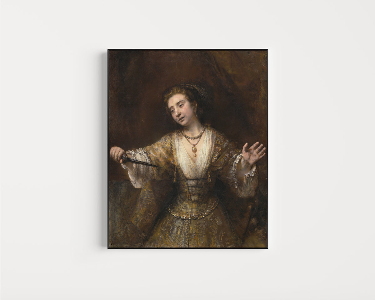 Framed art print of Lucretia by Rembrandt van Rijn, in a slim black frame on a plain white wall