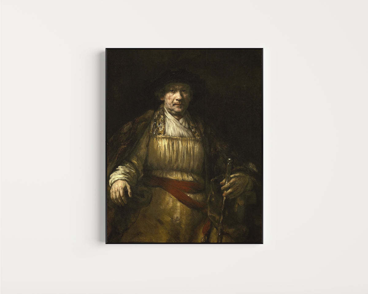 Framed art print of Self-Portrait (1658) by Rembrandt van Rijn, in a slim black frame on a plain white wall