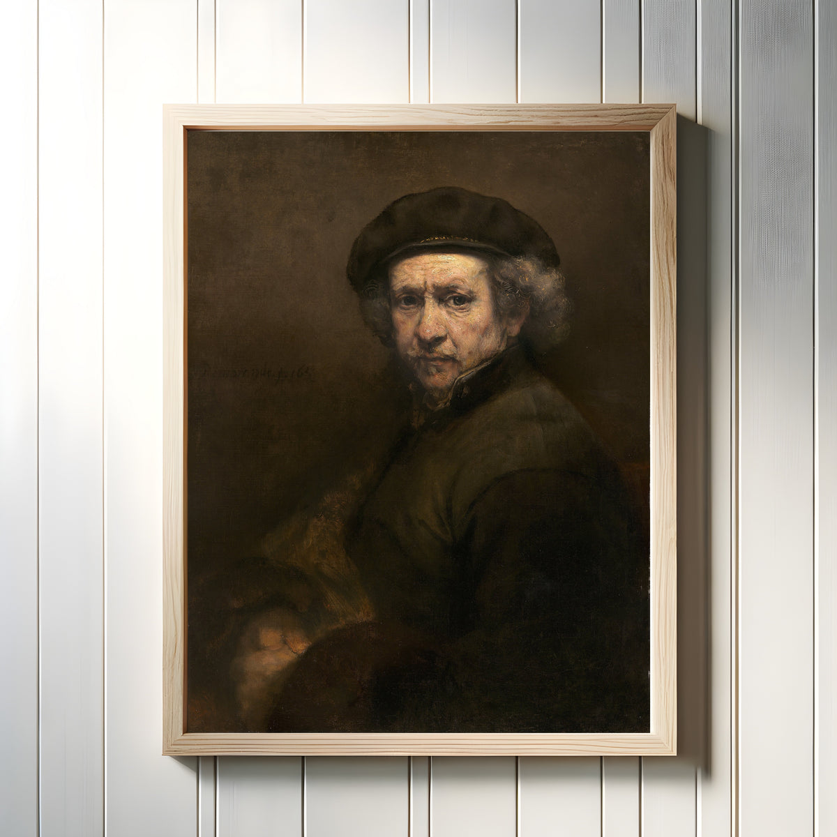 Framed art print of Self-Portrait (1659) by Rembrandt van Rijn, in a light wood frame on a white panelled wall