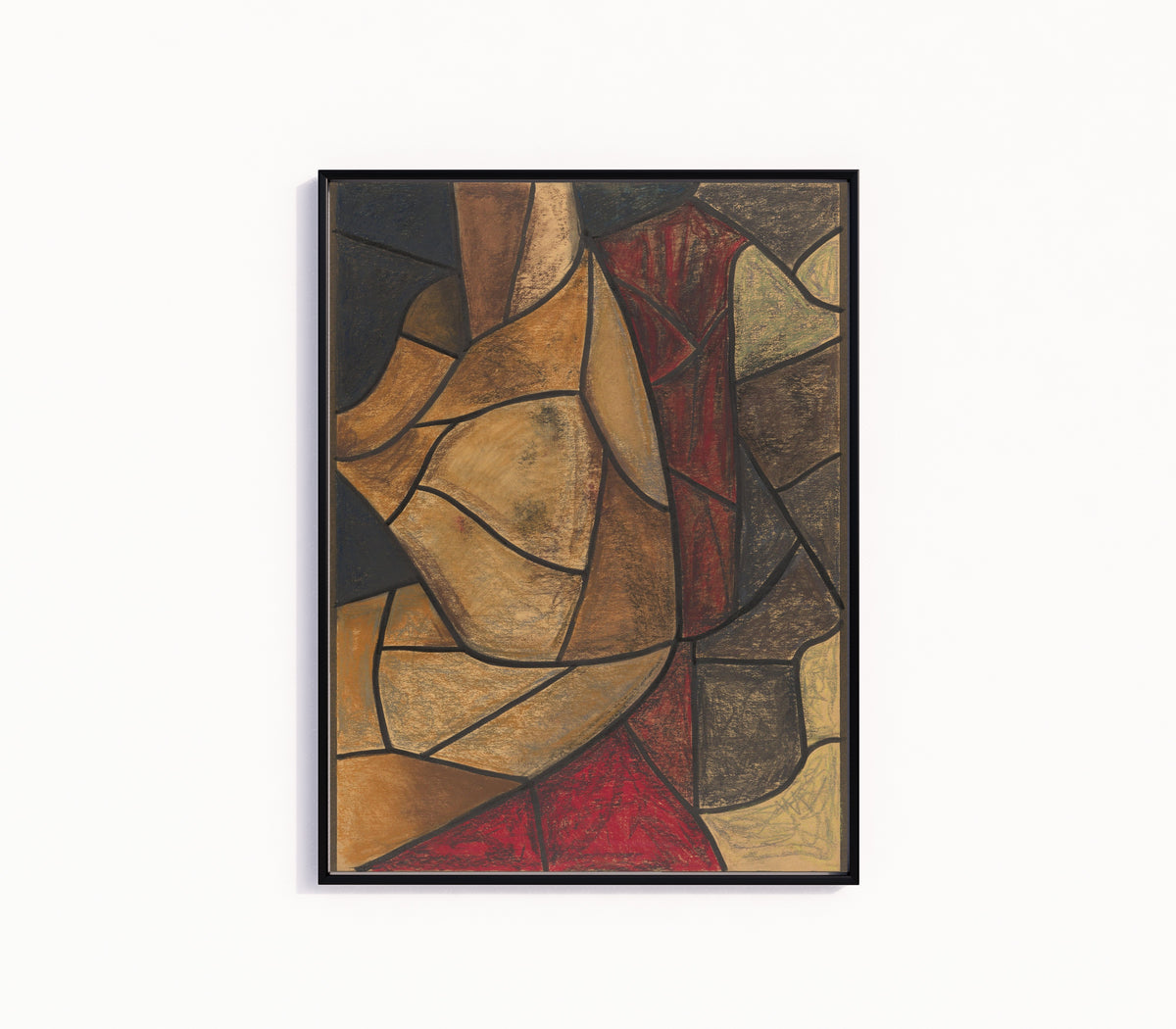 Framed art print of Design for a Window, Utrecht Cathedral [Ochre Curves and Crimson] by Richard Roland Holst, in a slim black frame on a plain white wall
