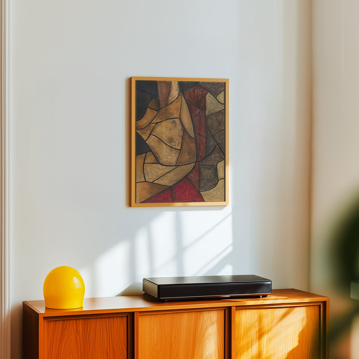 Framed art print of Design for a Window, Utrecht Cathedral [Ochre… by Richard Roland Holst, in a light wood frame on a white wall above an orange sideboard