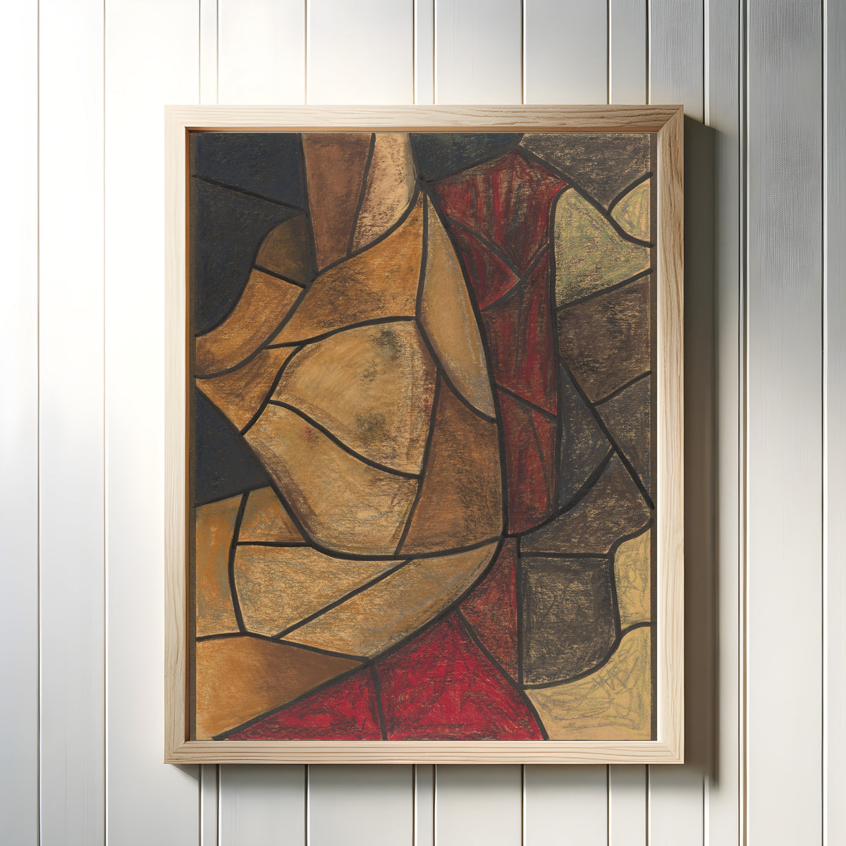 Framed art print of Design for a Window, Utrecht Cathedral [Ochre Curves and Crimson] by Richard Roland Holst, in a light wood frame on a white panelled wall