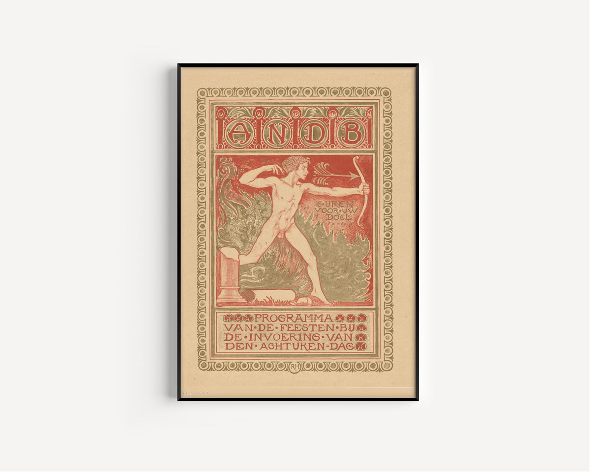 Omslagontwerp Feestprogramma ANDB achturendag [Cover design, Diamond Workers' Union eight-hour day] by Richard Roland Holst — in a slim black frame on a plain
