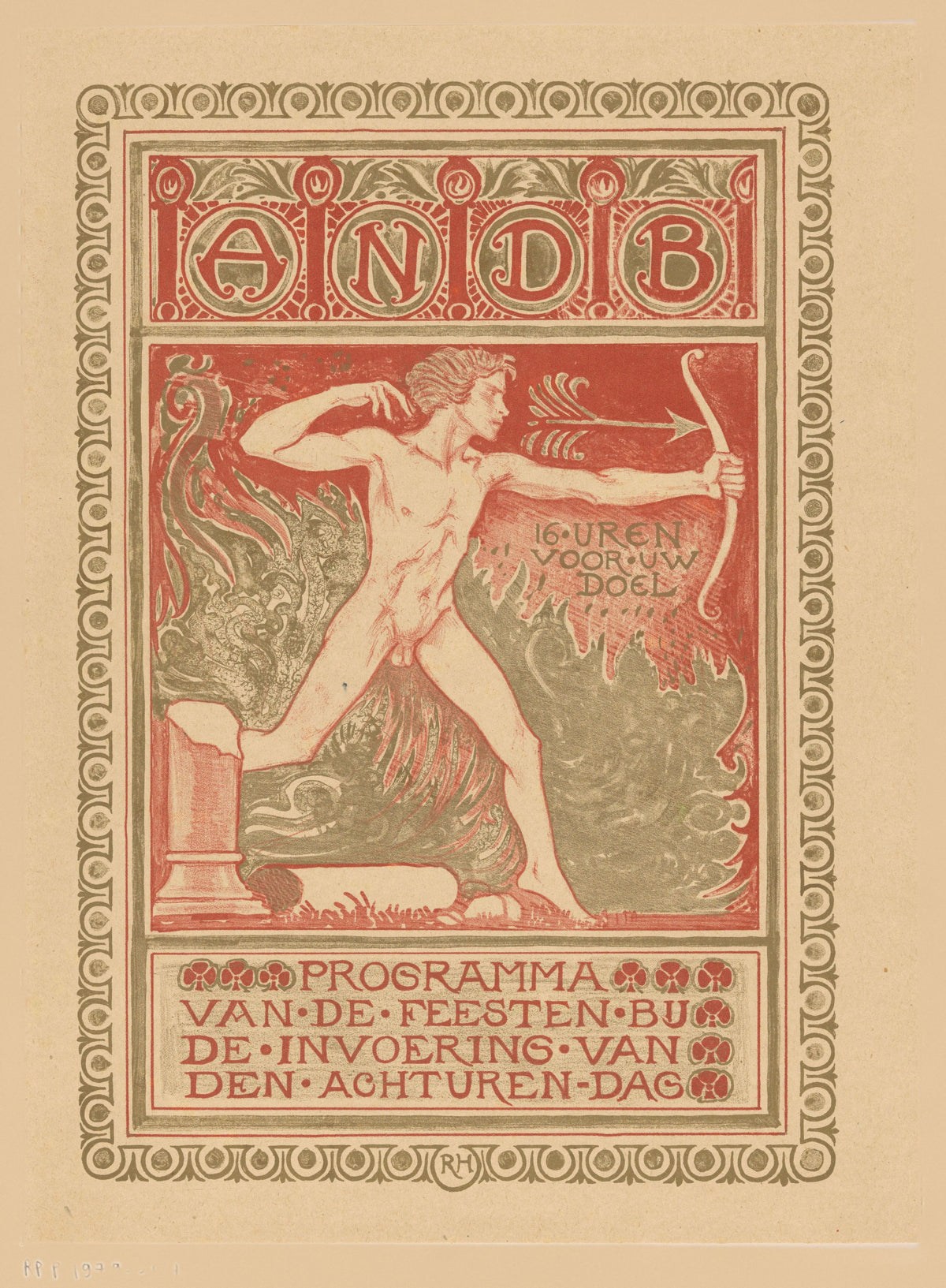Omslagontwerp Feestprogramma ANDB achturendag [Cover design, Diamond Workers' Union eight-hour day] by Richard Roland Holst — An archer draws his bow amid