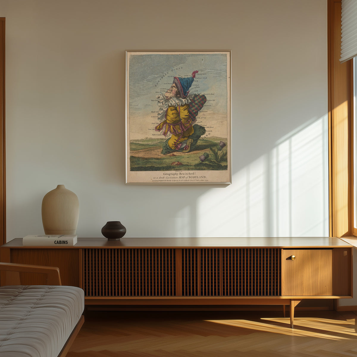 Framed art print of Geography Bewitched! Or, a Droll Caricature Map of… by Robert Dighton, in a thin light frame on a sunlit wall above a wooden sideboard