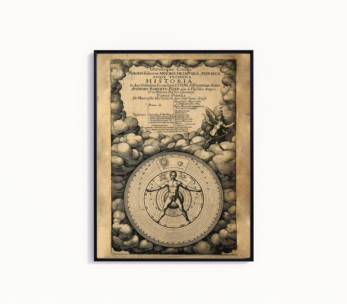 Framed art print of The Microcosm and the Macrocosm (1617) by Robert Fludd, in a slim black frame on a plain white wall
