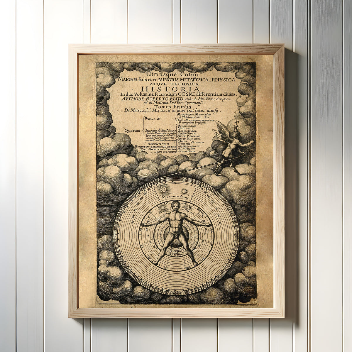 Framed art print of The Microcosm and the Macrocosm (1617) by Robert Fludd, in a light wood frame on a white panelled wall