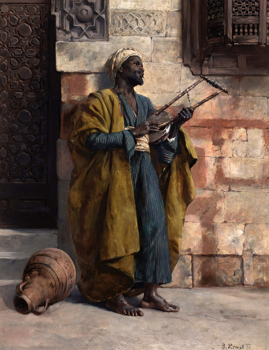 Rudolf Ernst — The Musician | Orientalist Fine Art Print shown to scale on a wall above a sofa