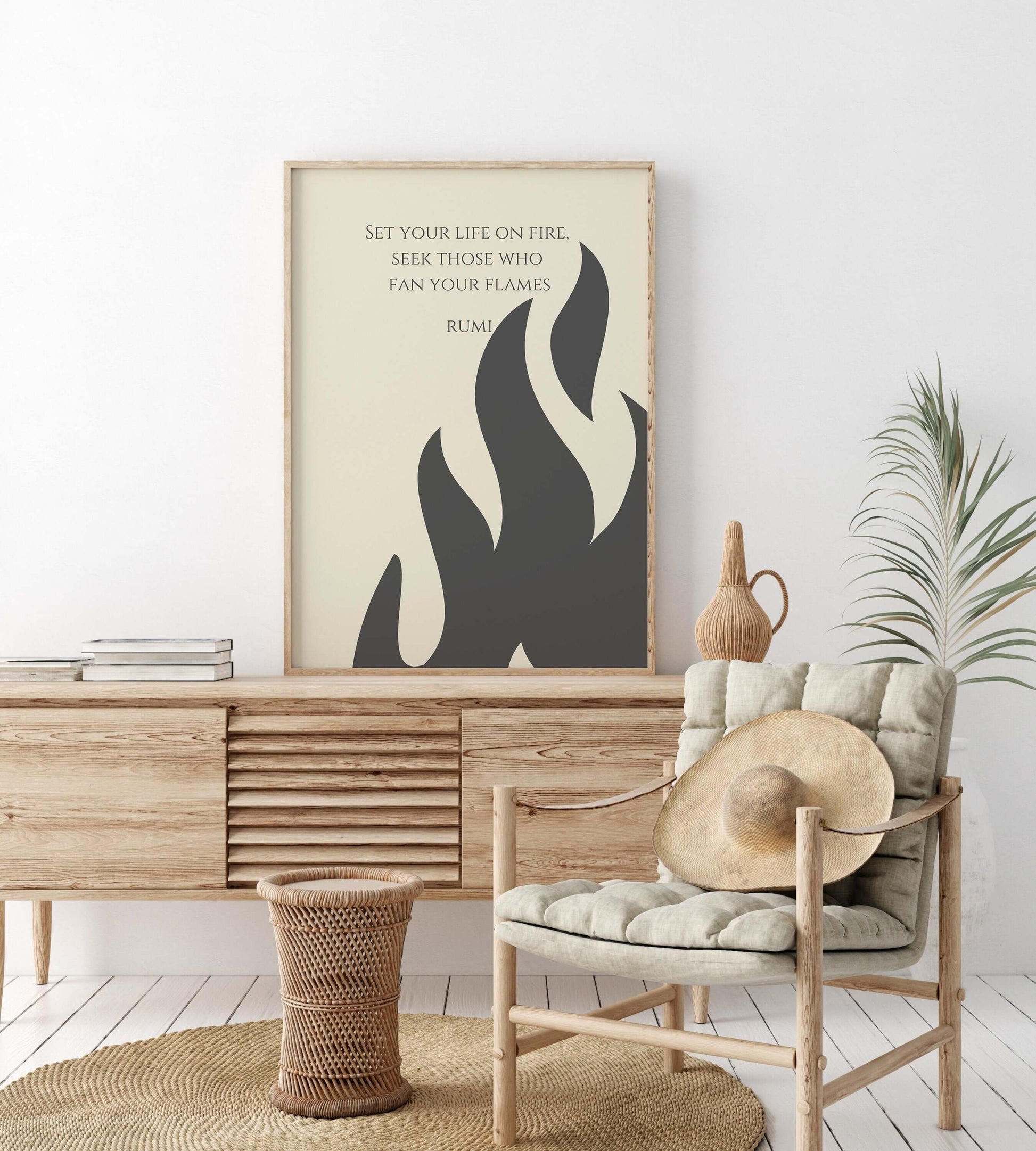 Rumi - Fire | Beige Inspirational Quote Poetry Poster (available framed or unframed) - 9ArtPrints