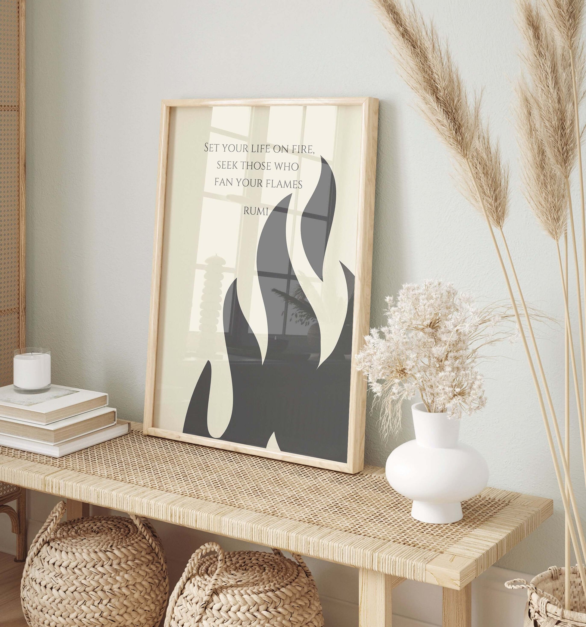 Rumi - Fire | Beige Inspirational Quote Poetry Poster (available framed or unframed) - 9ArtPrints