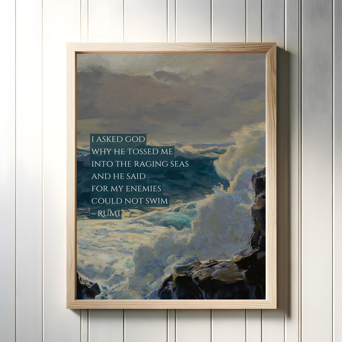 Framed art print of Raging Seas by Rumi, in a light wood frame on a white panelled wall