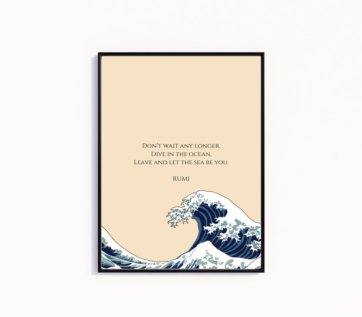 Framed art print of Wave by Rumi, in a slim black frame on a plain white wall